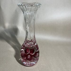 VTG Joe Rice Glass Maroon Pink Trumpet Flower‎ Paperweight Bud Vase Hand Blown
